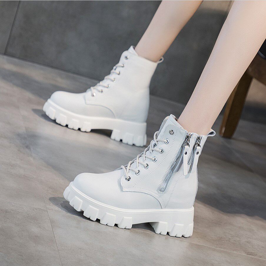 Inner heightening short boots women's 8cm plus velvet thick-soled women's boots leather wild high-heeled Martin boots British style women's shoes winter
