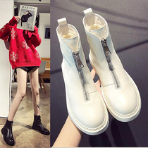 Front zipper short boots womens spring and autumn single boots leather Martin boots British style heightened white thin boots winter plus velvet