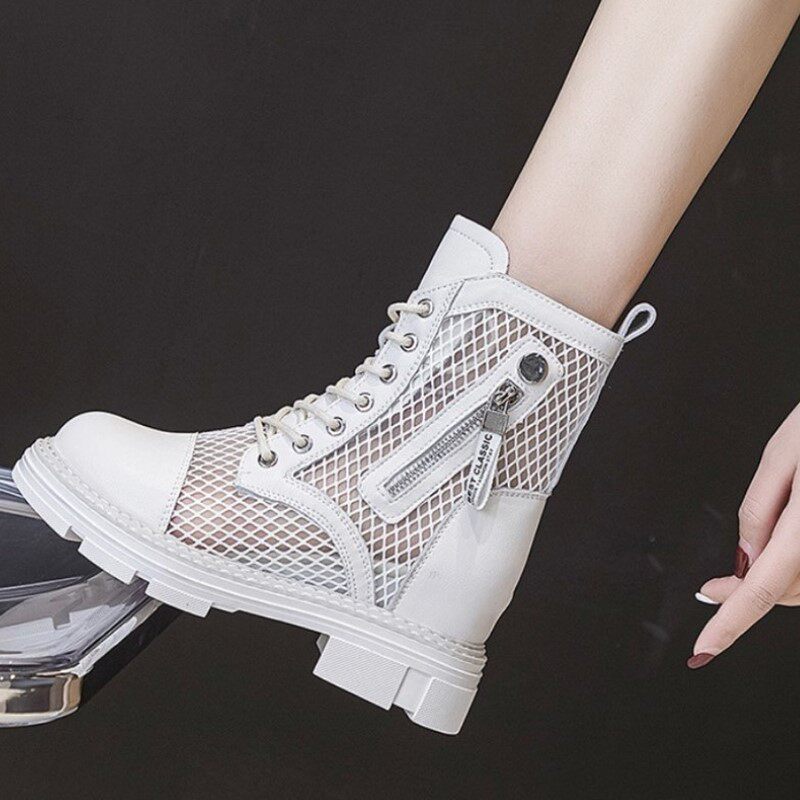Martin Boots Woman Genuine Leather 2022 Summer Slim breathable hollowed-out mesh boots inner heightening thick bottom display slim mesh yarn sandals