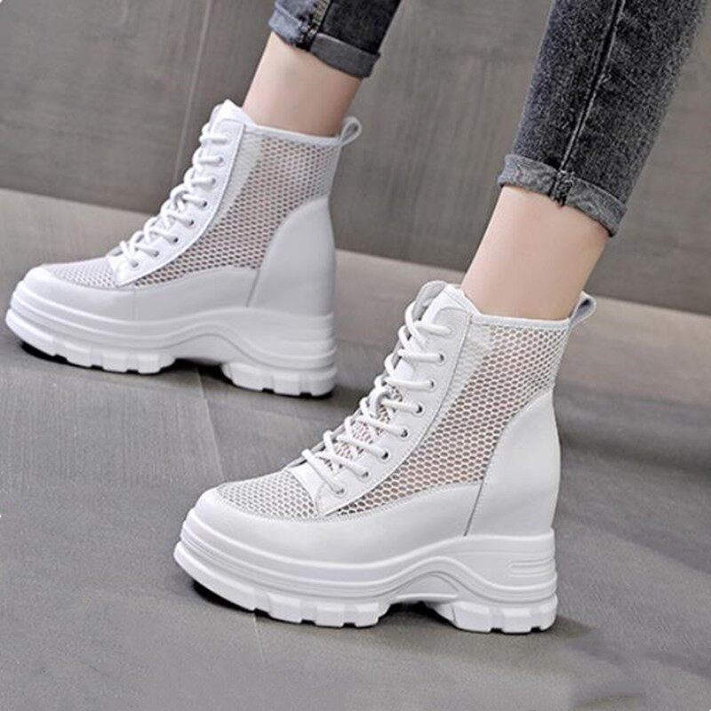 Inner heightening short boots women's 8cm hollow Martin boots 2022 spring and autumn single boots leather mesh breathable thin cool boots
