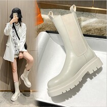 White inner heightened large cotton mid-tube Martin boots womens leather thick bottom chimney womens shoes plus velvet short tube Chelsea boots
