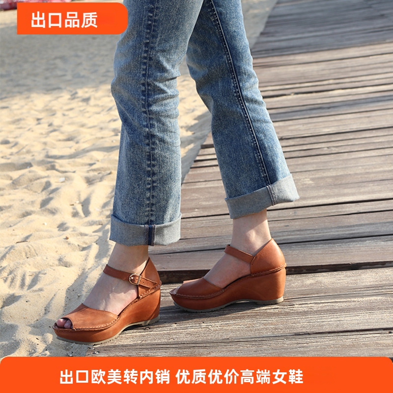 New Japanese-Made 2026 Summer Black High-Heeled First-Layer Cowhide Sandals, Wedge Heel Peep-Toe Sandals for Women