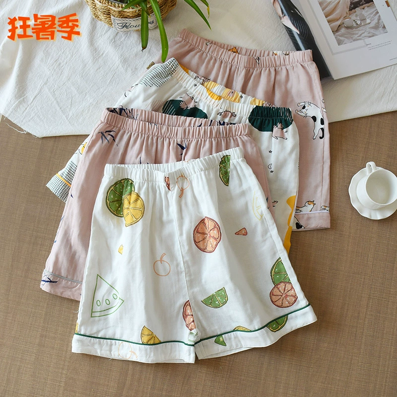 Bộ đồ ngủ cotton mùa hè của phụ nữ hai lớp gạc quần short cotton của phụ nữ rộng rãi cộng với kích thước quần ba phần tư phụ nữ quần đùi mặc nhà thông thường - Quần tây