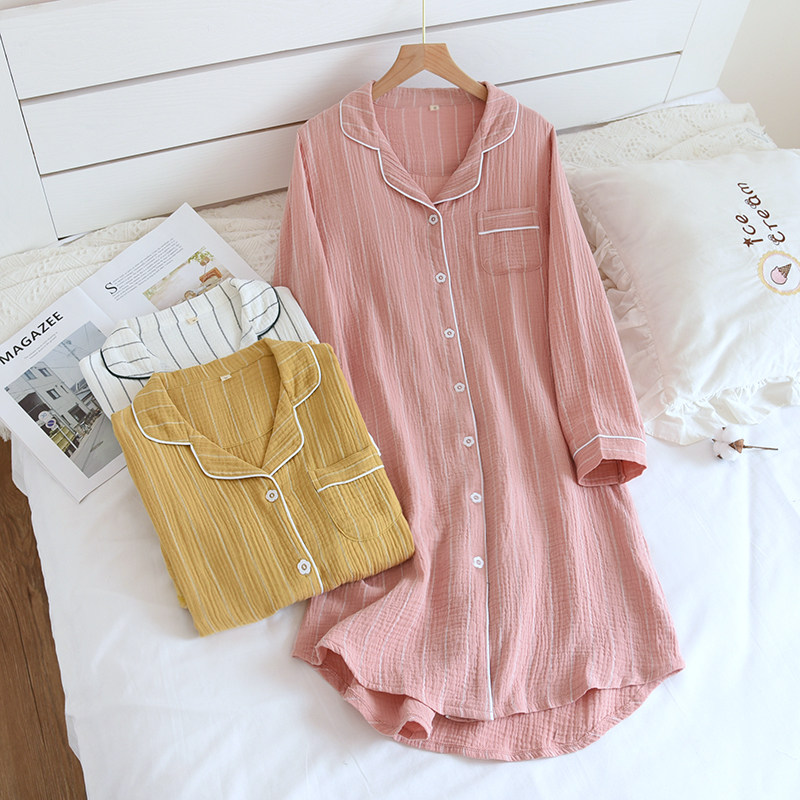 Pure Cotton Long Sleeve Sleeping Skirt Woman Spring Autumn Day Ensemble Minimalist Striped Full Cotton Crepe Cloth Cardiovert Loose long version pyjamas home clothes