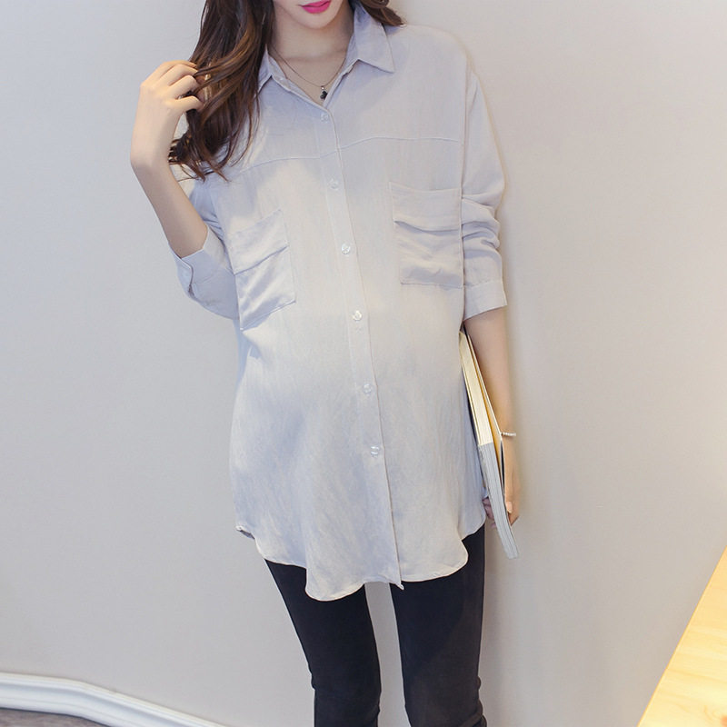 Maternity clothes spring new casual maternity shirts Korean version big pockets long-sleeved tops shirts mid-length version large size tide