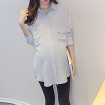 Maternity dress spring new casual pregnant womens shirt Korean version of large pocket long sleeve shirt long size tide
