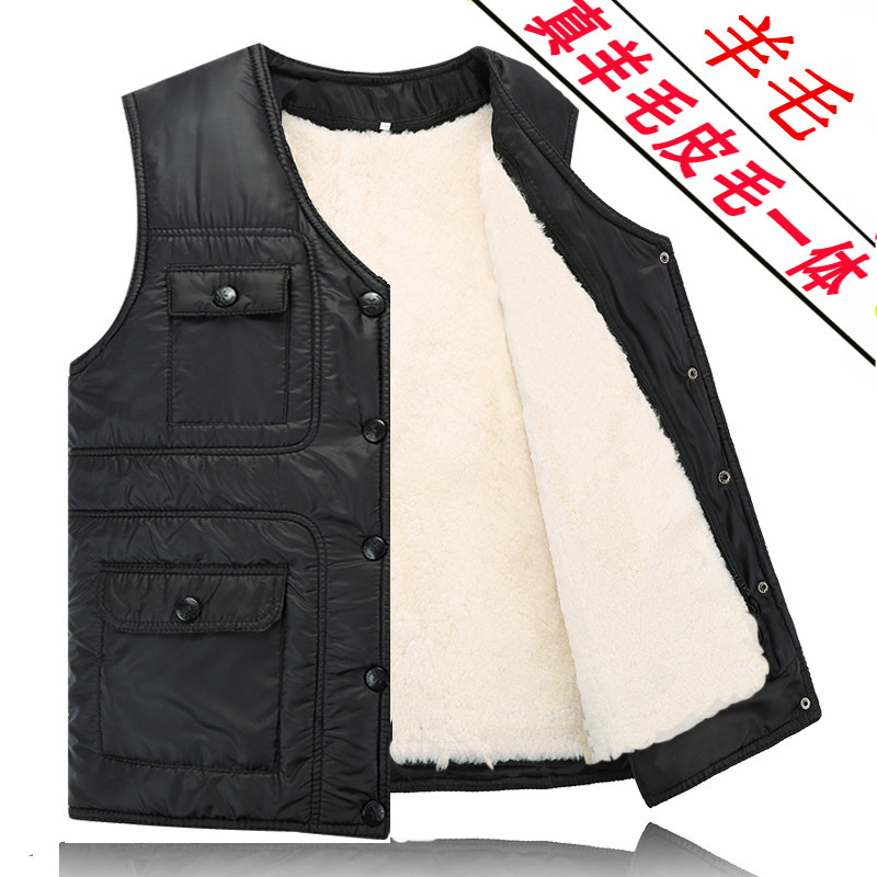 Autumn and winter down vest middle-aged waistcoat men's thickened outdoor leather wool one-piece wool horse clip men's cotton waistcoat