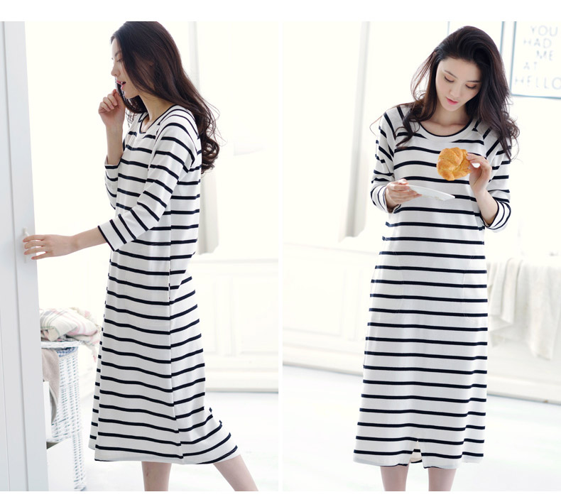 Áo ngủ nữ mùa thu cotton dài tay đồ ngủ sọc lỏng đầm nhà phục vụ nữ mùa thu áo dài giản dị đầm đẹp dự tiệc
