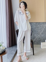 Eight female Summer Bow pants cute suit short sleeve new pajamas two sweet 2021 home cotton clothing U gong