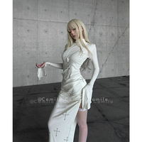 Cross-print half-high-neck long-sleeved dress for women in autumn, bottoming, slim-fitting, hip-hugging, slit long skirt
