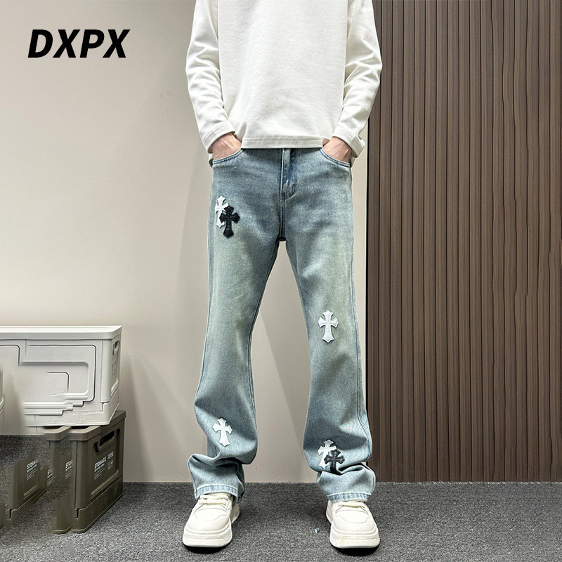 Dxpx Brand Counter American Style Trendy Cross-Flared Washed Blue Jeans for Men, Spring and Autumn Straight-Leg Casual Pants