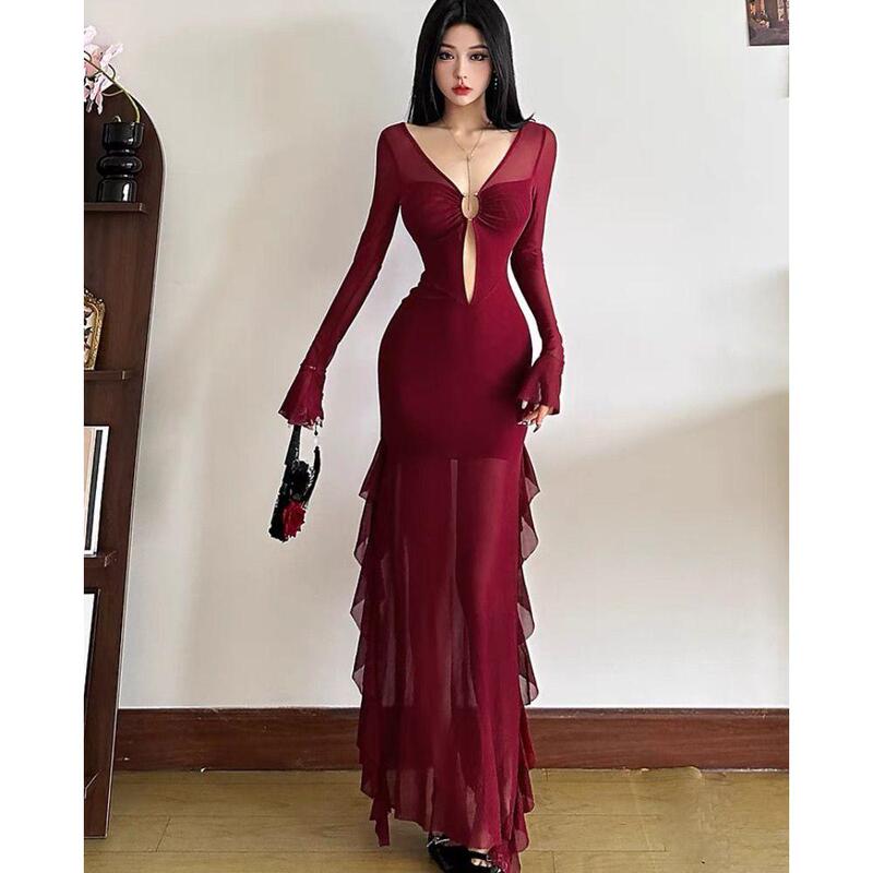 150kg Plus Size Sexy Red Mesh Hollow Out V-Neck Dress for Plus Size Women, Slim Fit, Slimming, Slit, Bodycon Dress