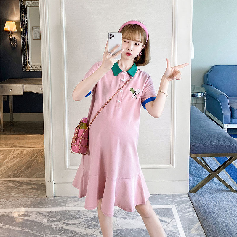 Maternity dress Summer thin Korean contrast lapel embroidery small fresh ruffle midi legging skirt