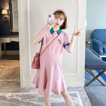 Pregnant woman Liandress Summer thin Korean version of Korean version Coloured and embroidered with small frescoed lotus leaf edge in the middle of the underdress