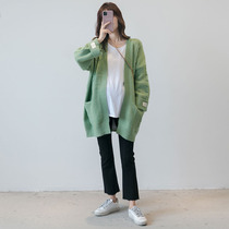 Pregnancy Woman Dress Fall New Korean Version No Buckle Big Code Stitch Cardiovert Cardiovert Red Little Fresher Easy to cover Belly Jacket Tide