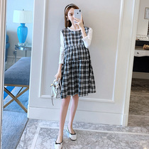 Pregnant Woman Spring Autumn Dress Loose Korean version Flower edge Lace Color Splicing Mid-Length checkered pregnant woman Liandress Long sleeves Chaochio