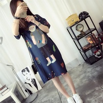 Pregnant woman summer clothing blouse Han version Fashion cartoon pattern short sleeve T-shirt loose snow-spinning pregnant woman with a long section in a dress