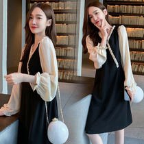 Lactation dress one-piece dress 2020 Fall V neckline Hepburn style collection waist Snow spinning postpartum feeding large size Pregnant Woman Skirt -