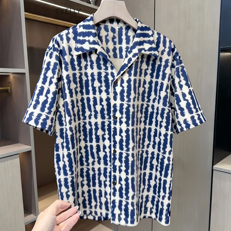 Blue Lapel Fashion Short-Sleeved Shirt for Men, New Summer Casual Vacation Style Hawaiian Beach Print Shirt