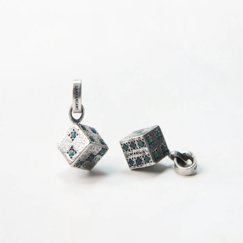 Three Rooms and Five Houses Small Dharma Instrument Series Tibetan Nyingma Silver Dharma Instrument Dice Inlaid Silver Pendant Silver Spacer Bead Accessories
