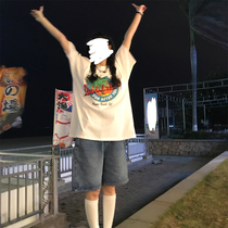 Dongri is a curly elastic waist five-point jeans womens 2021 new summer loose high waist wide leg shorts