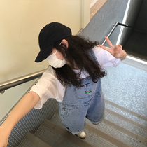 East Day is a curly boy Funny Braces Jeans Woman Summer New Korean version Loose Reduction Age High Waist Wide Leg Shorts