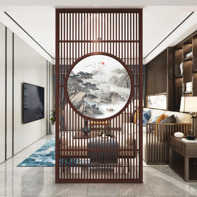 Chinese-style screen partition wall modern simple solid wood decoration living room office landscape flowers and birds custom yarn painting entrance