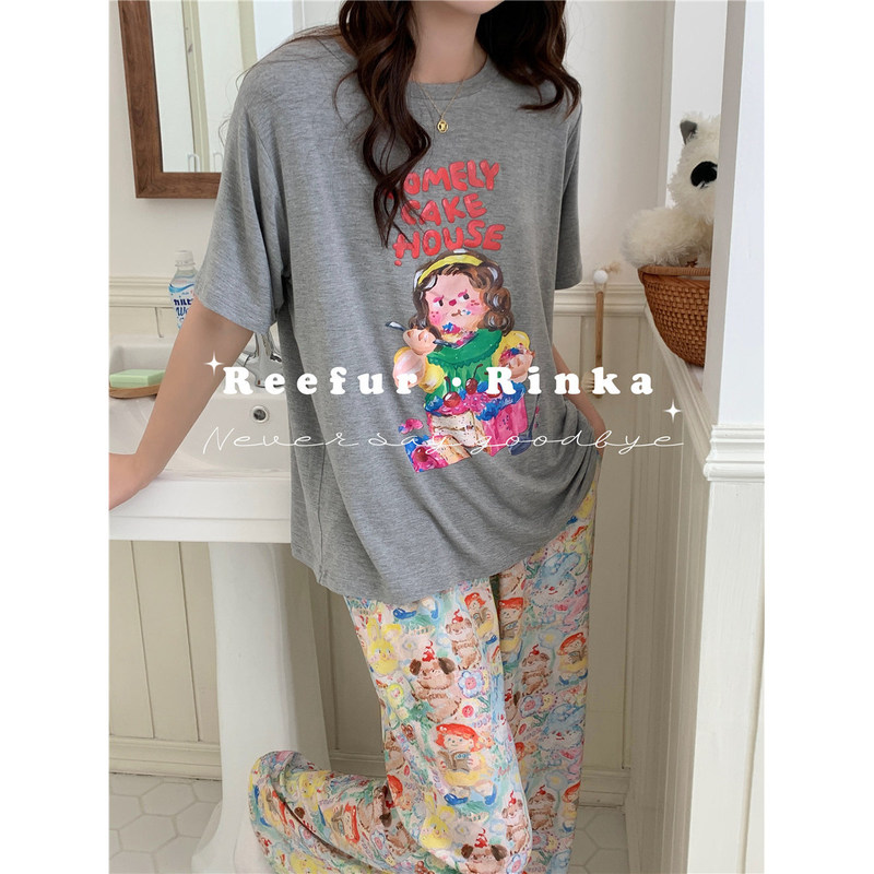 Reefurrinka Graffiti Oil Painting Cartoon Modal Pajamas Cake Girl Summer Thin Tencel Long Pants Loungewear Reefurrinka Graffiti Oil Painting Cartoon Modal Pajamas Cake Girl Summer Thin Tencel Long Pants Loungewear