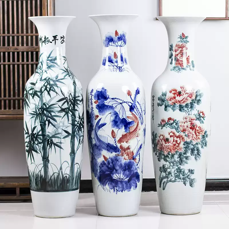 青花瓷落地大花瓶景德鎮陶瓷花瓶中式家居節慶用花瓶墨彩手繪-Taobao-Tmall