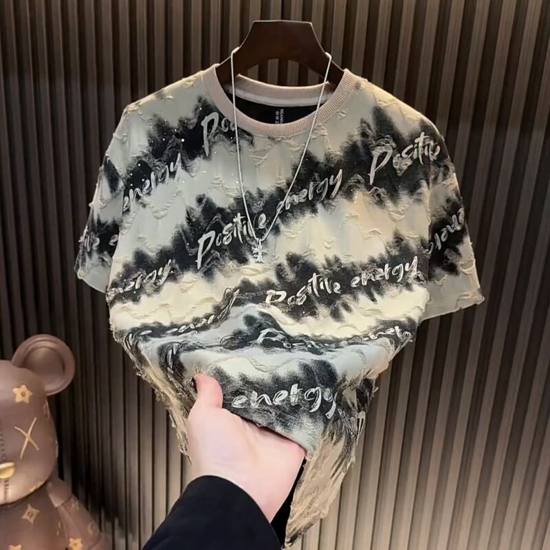 Summer New Style Starry Letter Sequin Round Neck Short-Sleeve Men's Fashion High-End Luxury Distressed T-Shirt