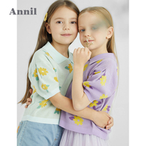 Anel childrens clothing girls lapel collar cotton sweater short sleeve 2021 new foreign style knitwear summer thin air-conditioning shirt
