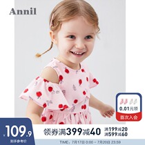 Annai childrens dress womens childrens dress off-the-shoulder sleeve summer new printing sweet fashion baby skirt