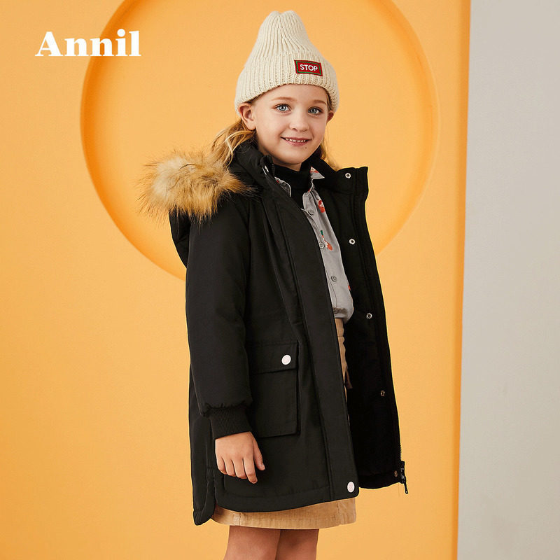安奈儿 毛领 女童中长款连帽棉服 聚划算+天猫优惠券折后￥160包邮（￥255-95）110~170码3色可选