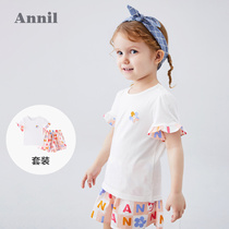 Anel childrens clothing girls summer suit new printed lively baby short sleeve T-shirt shorts two-piece set