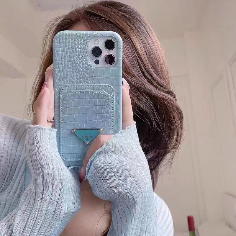 Trendy European and American Brand Phone Case Suitable for Apple 13 Pro Max, Huawei Mate 40 Pro Leather Card Holder, High-End 12, 11, Samsung S24 Ultra, Internet Celebrity He Qi's Same Style, Yuanfeng Blue 16 Pro Max