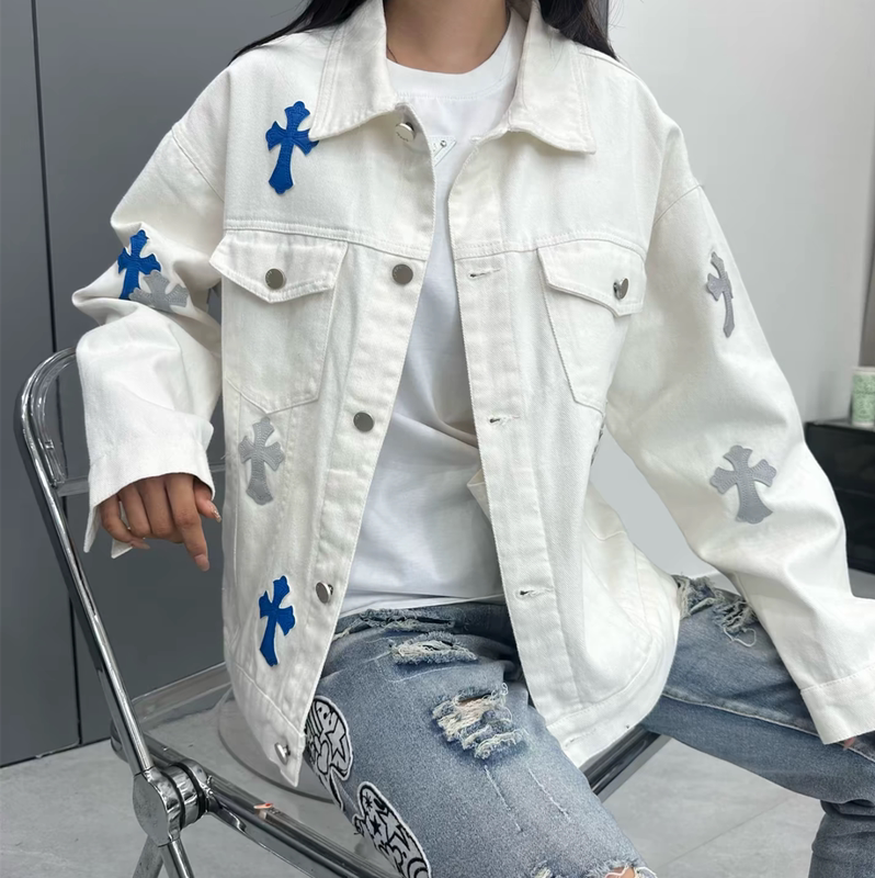 American High Street Fashion Brand Cross-Embroidered Denim Jacket, Unisex, Loose, Casual, Versatile, Couple's Jacket