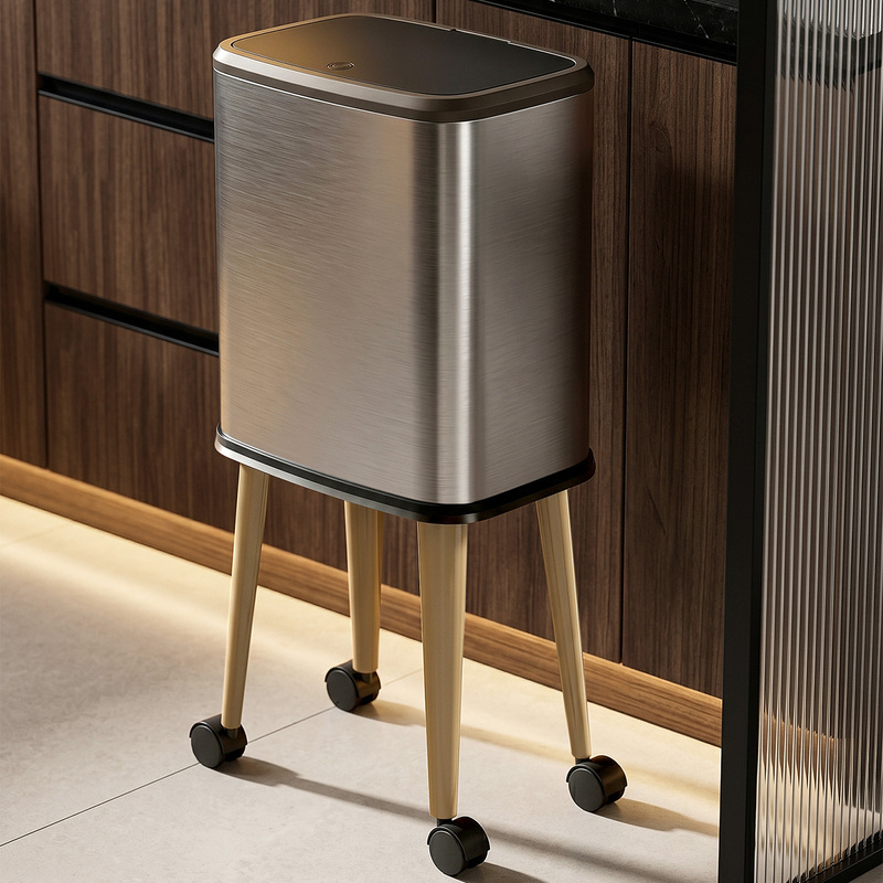 No-Bending Stainless Steel Trash Can for Home Use, 2026 New Model, Large Capacity, for Kitchen and Living Room, Light Luxury, High-End, with Wheels