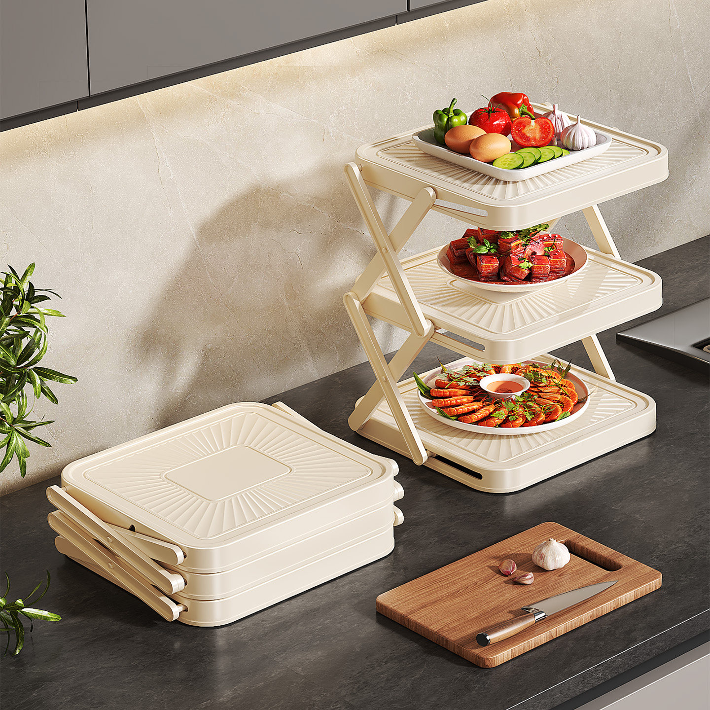 厨房备菜置物架可折叠多层台面配菜盘多功能收纳神器火锅食材架子