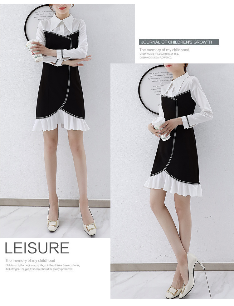 VK旗艦店 韓系時尚氣質襯衫領黑白撞色修身長袖洋裝