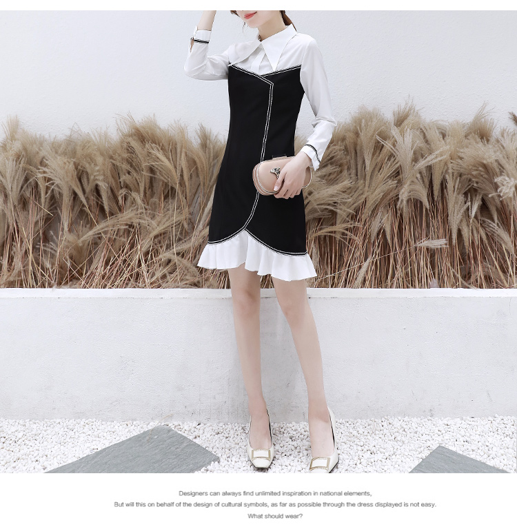 VK旗艦店 韓系時尚氣質襯衫領黑白撞色修身長袖洋裝