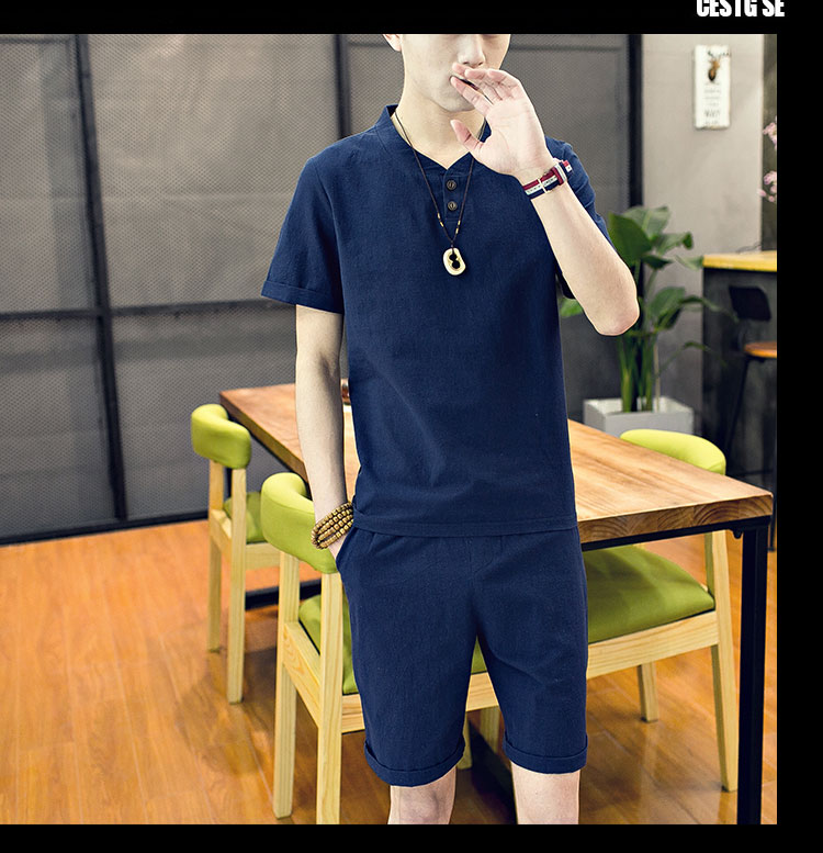 Mùa hè cotton và linen phù hợp với nam giới của linen ngắn tay t-shirt mùa hè thường hai mảnh đẹp trai mùa hè kích thước lớn quần áo