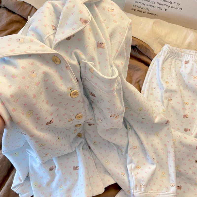 2025 New Pajamas for Women Spring and Autum Pure Cotton Long-Sleeved Cute Cartoon Print Sweet Casual Home Wear Set