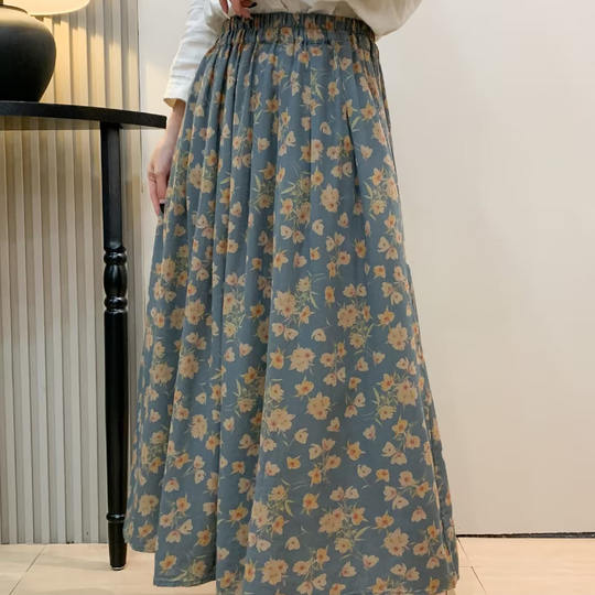 Floral Mid-Length Skirt 2026 Spring New Vintage Artistic A-Line Skirt with Elastic Waist Slimming Long Skirt for Women