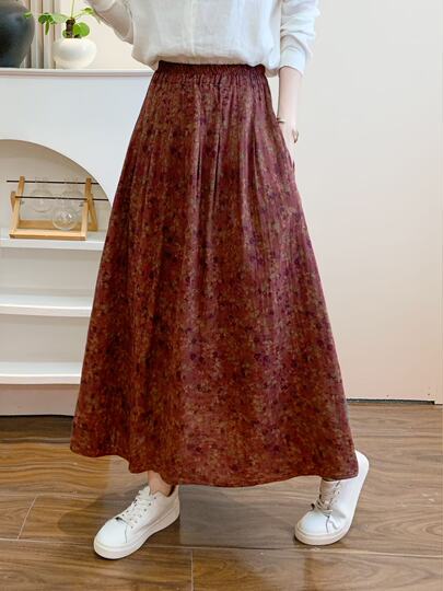 Retro Pure Cotton Floral Skirt for Women, Long, Drapey, Loose, Versatile, Slimming, Artistic Mid-Length A-Line Skirt