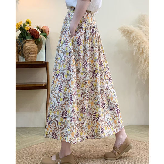 Cotton Floral Print Midi Skirt for Women, 2025 Summer New Style, Floral Oil Painting Pattern, Petite Long Skirt
