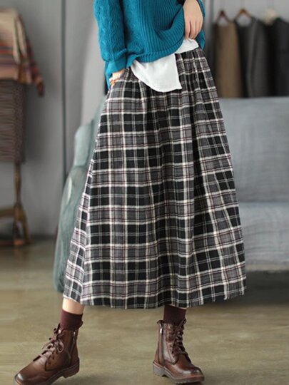Retro Literary Brushed Cotton Plaid Skirt for Women, New Spring & Fall Style, Loose and Versatile, Elastic Waist, Women's Skirt, A-Line Skirt