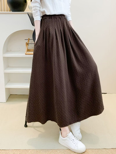 Retro Literary Long Elastic Waist Cotton Polka Dot Jacquard Skirt High Waist Versatile Loose Slimming A-Line Long Skirt