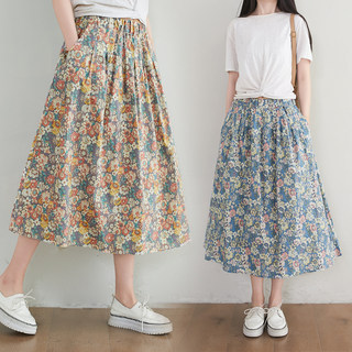 Cotton Floral Skirt for Women 2025 Summer New Mid-Length High-Waisted A-Line Skirt over the Knee Pure Cotton Long Skirt