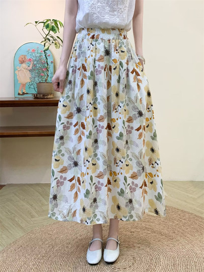 2025 Summer Artistic Pure Cotton Floral Elastic Waist Hip-Covering Half Skirt Women's A-Line Skirt Thin Country Style Long Skirt