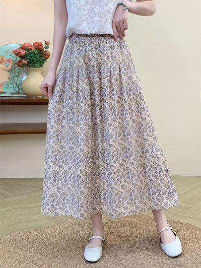 2025 Summer Cotton Floral Skirt for Women, High Waist, Slimming, Mid-Length A-Line Skirt, Flared Skirt, Long Skirt, Cotton Fabric